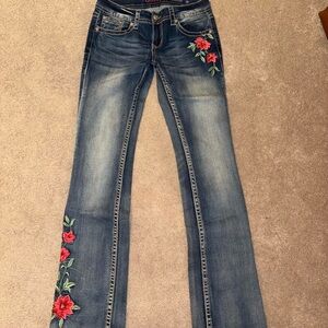 Grace in LA Low-rise Bootcut Size 27” Jeans with Red Floral Embroidery